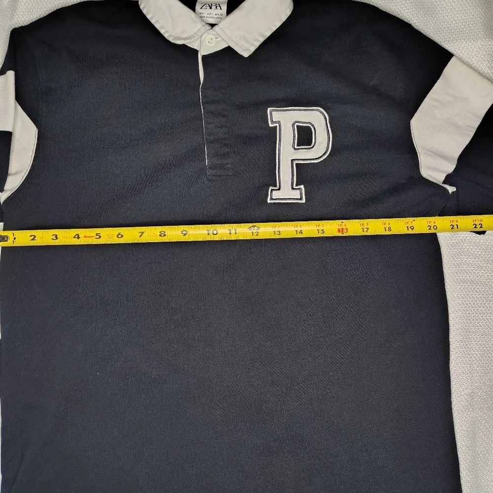 Navy and White Striped Long Sleeve ZARA Polo Shirt - Picture 4 of 9